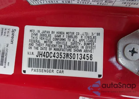 1998 Acura Integra Ls z USA, uszkodzony, nr VIN JH4DC4353WS013456